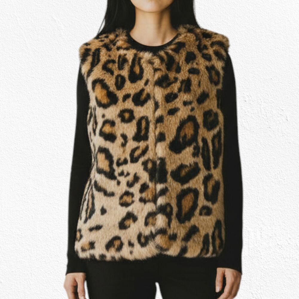 Romeo Juliet Couture Faux Fur Leopard Animal Print Vest with Pockets Size Small - Picture 3 of 10